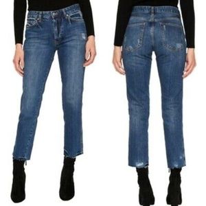 Free People Jeans Blue Slim Boyfriend Straight Button Fly Raw Hem Fray